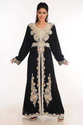 Black Zari Work Stones & Beads Embellish Georgette  Islamic Style Arabian Maxi Partywear Kaftan 1