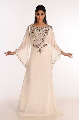 Off White Zari Work Stones & Beads Embellish Georgette  Islamic Style Arabian Maxi Partywear Kaftan 1