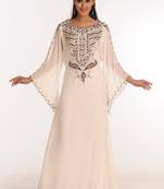 Off White Zari Work Stones & Beads Embellish Georgette  Islamic Style Arabian Maxi Partywear Kaftan