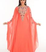 Peach Zari Work Stones & Beads Embellish Georgette  Islamic Style Arabian Maxi Partywear Kaftan