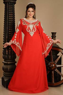 Red Zari Work Stones & Beads Embellish Georgette  Islamic Style Arabian Maxi Partywear Kaftan 1