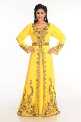 Yellow Zari Work Stones & Beads Embellish Georgette  Islamic Style Arabian Maxi Partywear Kaftan 1