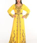 Yellow Zari Work Stones & Beads Embellish Georgette  Islamic Style Arabian Maxi Partywear Kaftan