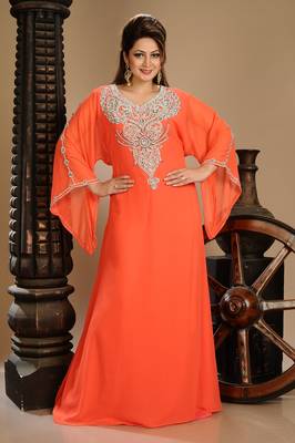 Red Zari Work Stones & Beads Embellish Georgette  Islamic Style Arabian Maxi Partywear Kaftan 1