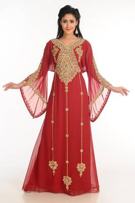 Maroon Zari Work Stones & Beads Embellish Georgette  Islamic Style Arabian Maxi Partywear Kaftan 1