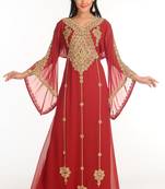 Maroon Zari Work Stones & Beads Embellish Georgette  Islamic Style Arabian Maxi Partywear Kaftan