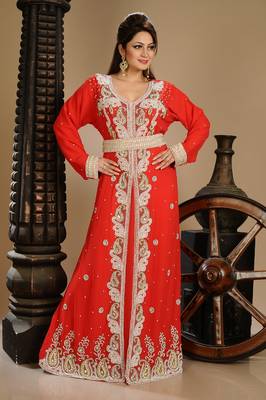 Red Zari Work Stones & Beads Embellish Georgette  Islamic Style Arabian Maxi Partywear Kaftan 1