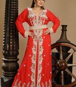Red Zari Work Stones & Beads Embellish Georgette  Islamic Style Arabian Maxi Partywear Kaftan