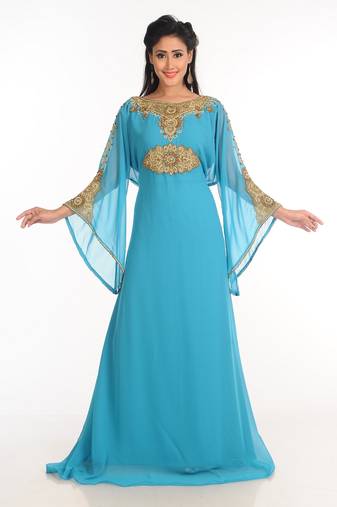 Turqoise Zari Work Stones & Beads Embellish Georgette  Islamic Style Arabian Maxi Partywear Kaftan