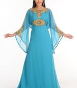 Turqoise Zari Work Stones & Beads Embellish Georgette  Islamic Style Arabian Maxi Partywear Kaftan