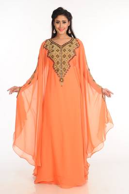 Peach Zari Work Stones & Beads Embellish Georgette  Islamic Style Arabian Maxi Partywear Kaftan 1