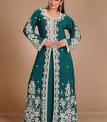 Green Zari Work Stones & Beads Embellish Georgette  Islamic Style Arabian Maxi Partywear Kaftan