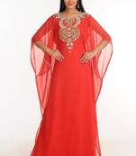 Red Zari Work Stones & Beads Embellish Georgette  Islamic Style Arabian Maxi Partywear Kaftan