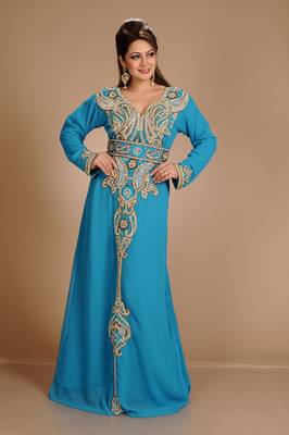 Turqoise Zari Work Stones & Beads Embellish Georgette  Islamic Style Arabian Maxi Partywear Kaftan 1