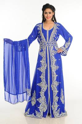 Blue Zari Work Stones & Beads Embellish Georgette  Islamic Style Arabian Maxi Partywear Kaftan 1