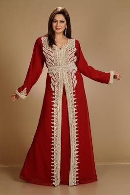 Maroon Zari Work Stones & Beads Embellish Georgette  Islamic Style Arabian Maxi Partywear Kaftan 1