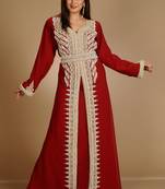 Maroon Zari Work Stones & Beads Embellish Georgette  Islamic Style Arabian Maxi Partywear Kaftan