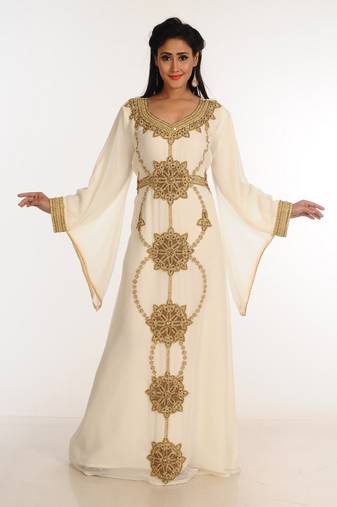 Cream Zari Work Stones & Beads Embellish Georgette  Islamic Style Arabian Maxi Partywear Kaftan