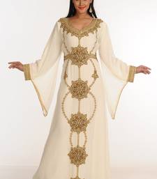 Cream Zari Work Stones & Beads Embellish Georgette  Islamic Style Arabian Maxi Partywear Kaftan