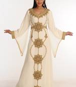 Cream Zari Work Stones & Beads Embellish Georgette  Islamic Style Arabian Maxi Partywear Kaftan