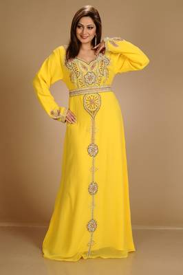 Yellow Zari Work Stones & Beads Embellish Georgette  Islamic Style Arabian Maxi Partywear Kaftan 1