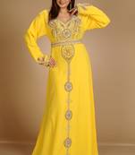 Yellow Zari Work Stones & Beads Embellish Georgette  Islamic Style Arabian Maxi Partywear Kaftan