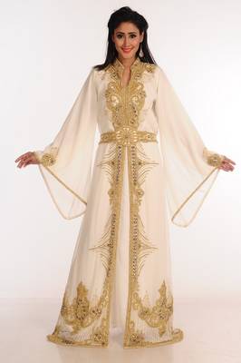 Cream Zari Work Stones & Beads Embellish Georgette  Islamic Style Arabian Maxi Partywear Kaftan 1