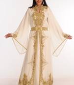 Cream Zari Work Stones & Beads Embellish Georgette  Islamic Style Arabian Maxi Partywear Kaftan