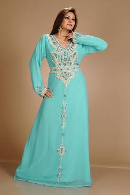 Turqoise Zari Work Stones & Beads Embellish Georgette  Islamic Style Arabian Maxi Partywear Kaftan 1