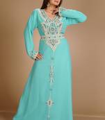 Turqoise Zari Work Stones & Beads Embellish Georgette  Islamic Style Arabian Maxi Partywear Kaftan