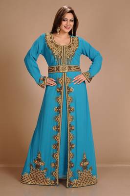 Turqoise Zari Work Stones & Beads Embellish Georgette  Islamic Style Arabian Maxi Partywear Kaftan 1