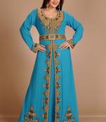 Turqoise Zari Work Stones & Beads Embellish Georgette  Islamic Style Arabian Maxi Partywear Kaftan