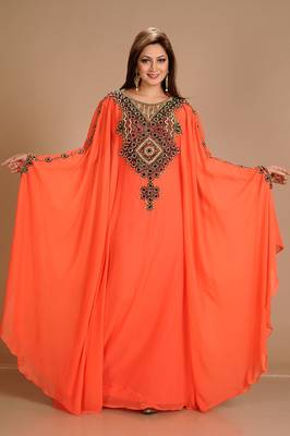 Red Zari Work Stones & Beads Embellish Georgette  Islamic Style Arabian Maxi Partywear Kaftan 1