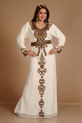 Cream Zari Work Stones & Beads Embellish Georgette  Islamic Style Arabian Maxi Partywear Kaftan 1