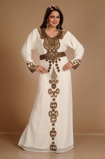 Cream Zari Work Stones & Beads Embellish Georgette  Islamic Style Arabian Maxi Partywear Kaftan