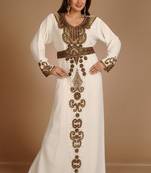 Cream Zari Work Stones & Beads Embellish Georgette  Islamic Style Arabian Maxi Partywear Kaftan