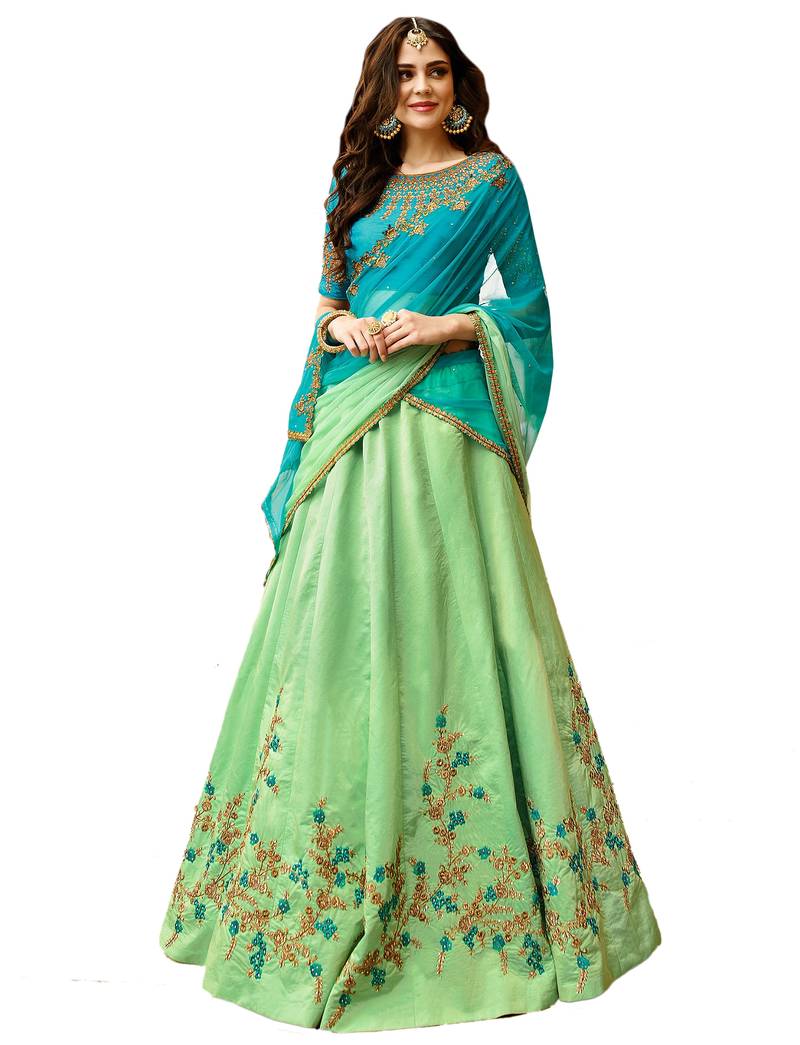 Parrot green embroidered silk unstitched lehenga