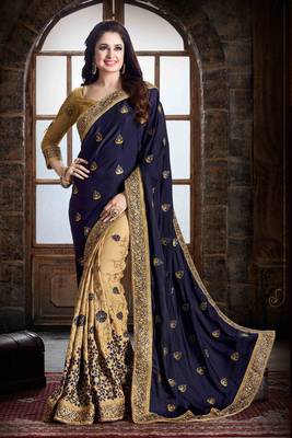 Dark blue with beige  embroidered pure georgette saree with blouse 1
