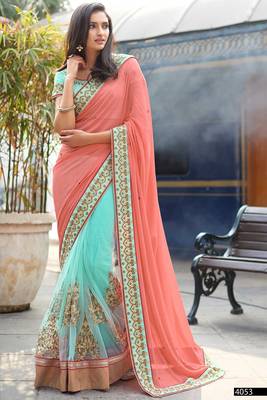 Dark peach with  aqua blue  embroidered net saree with blouse 1