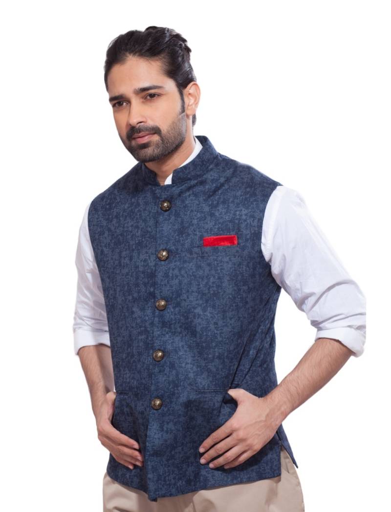 Abhivani blue color chinese collar waistcoat & shirt for men