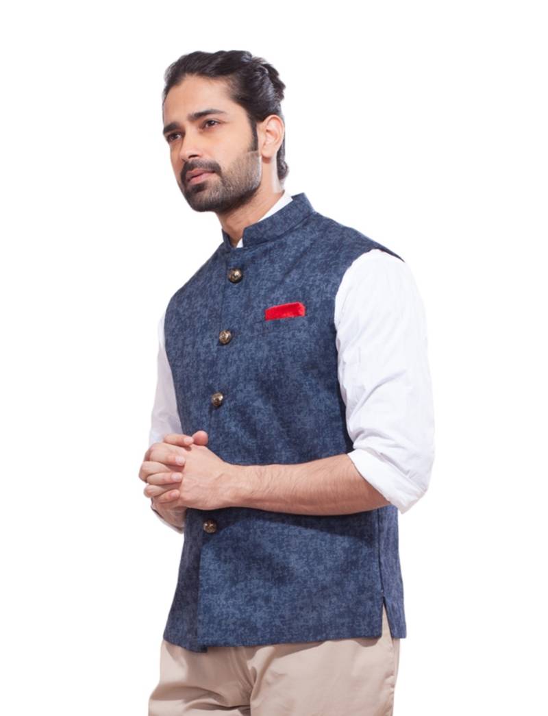 Abhivani blue color chinese collar waistcoat & shirt for men