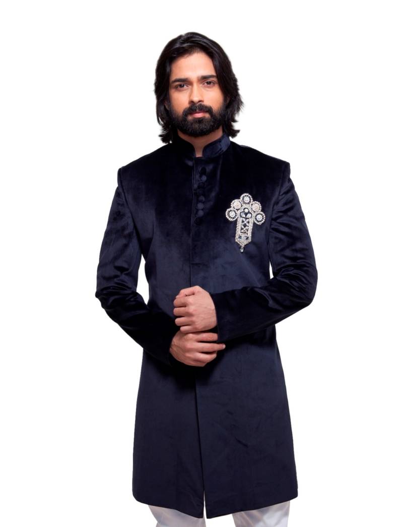 Abhivani NAVY BLUE color Chinese collar Sherwani for men