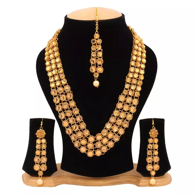 Quail Kundan Pearl Golden Necklace Set For Women With Earrings & Maang Tika