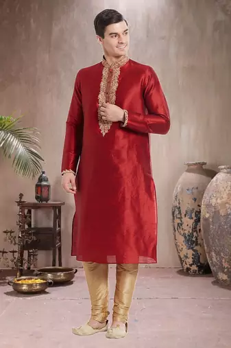Gold Art Silk Silk Blend Kurta Pajama