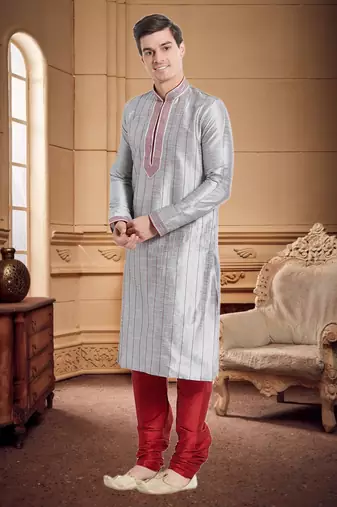Maroon Art Silk Silk Blend Kurta Pajama