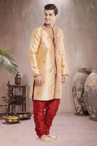 Maroon Art Silk Silk Blend Kurta Pajama