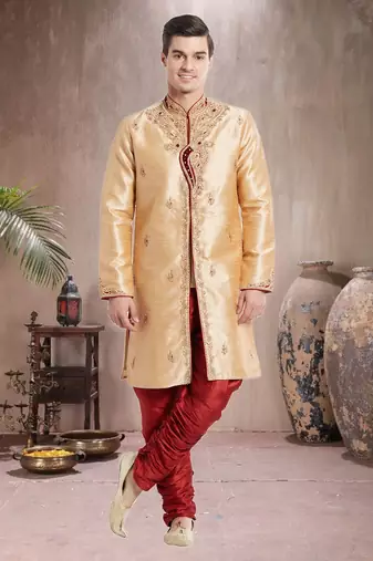 Maroon Art Silk Silk Blend Kurta Pajama