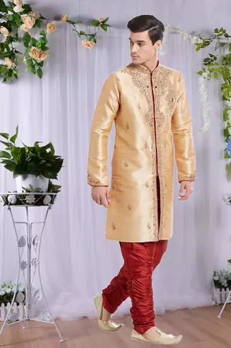 Maroon Art Silk Silk Blend Kurta Pajama