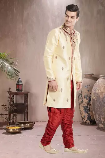 Maroon Art Silk Silk Blend Kurta Pajama