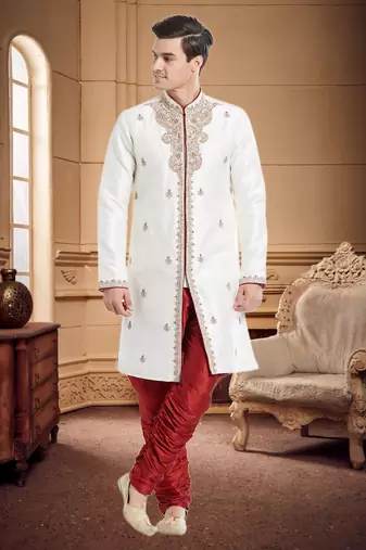 Maroon Art Silk Silk Blend Kurta Pajama